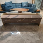 Cream Ribbed-Front TV Stand with Raised Top Border and Arch Metal Legs